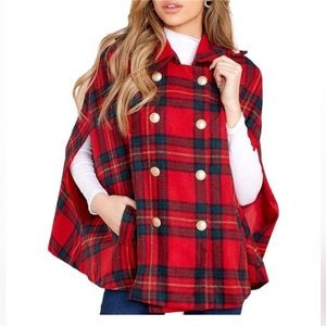 Womens Plaid Jacket Double Breasted Winter Cape Down Poncho w/Pockets NWWT